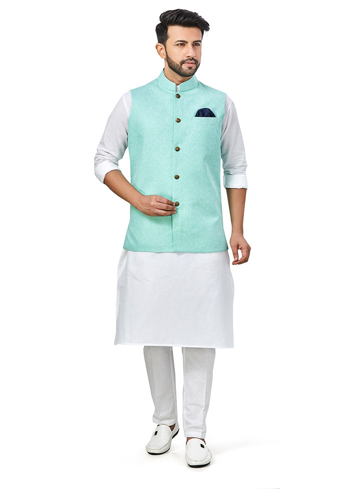 White Solid Kurta And Pajama Set With Jacket VDAC69280 - Indian Silk House Agencies
