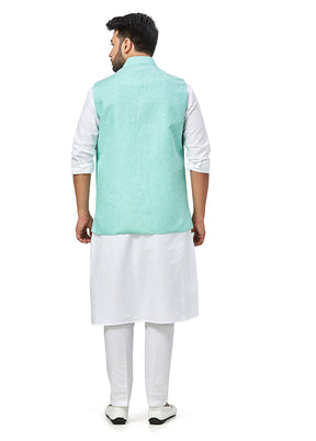 White Solid Kurta And Pajama Set With Jacket VDAC69280 - Indian Silk House Agencies