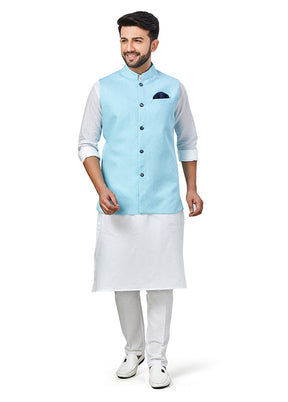 White Solid Kurta And Pajama Set With Jacket VDAC69281 - Indian Silk House Agencies