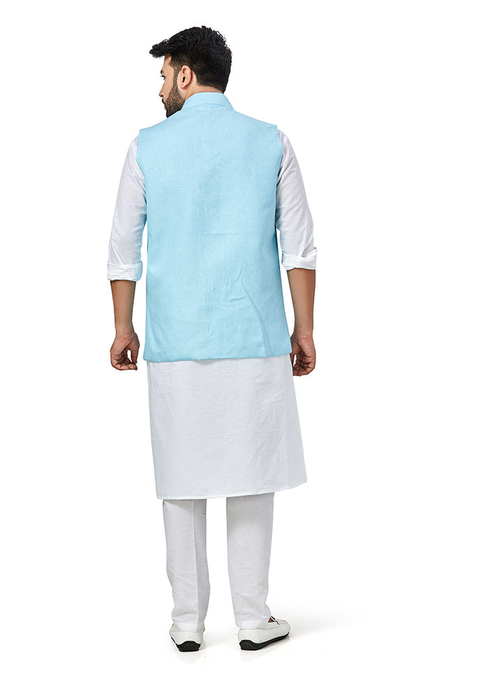 White Solid Kurta And Pajama Set With Jacket VDAC69281 - Indian Silk House Agencies