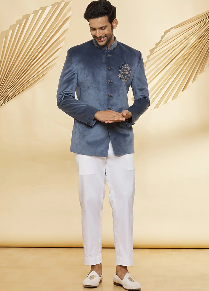 Grey Velvet Kurta And Pajama Set VDSF1802267 - Indian Silk House Agencies