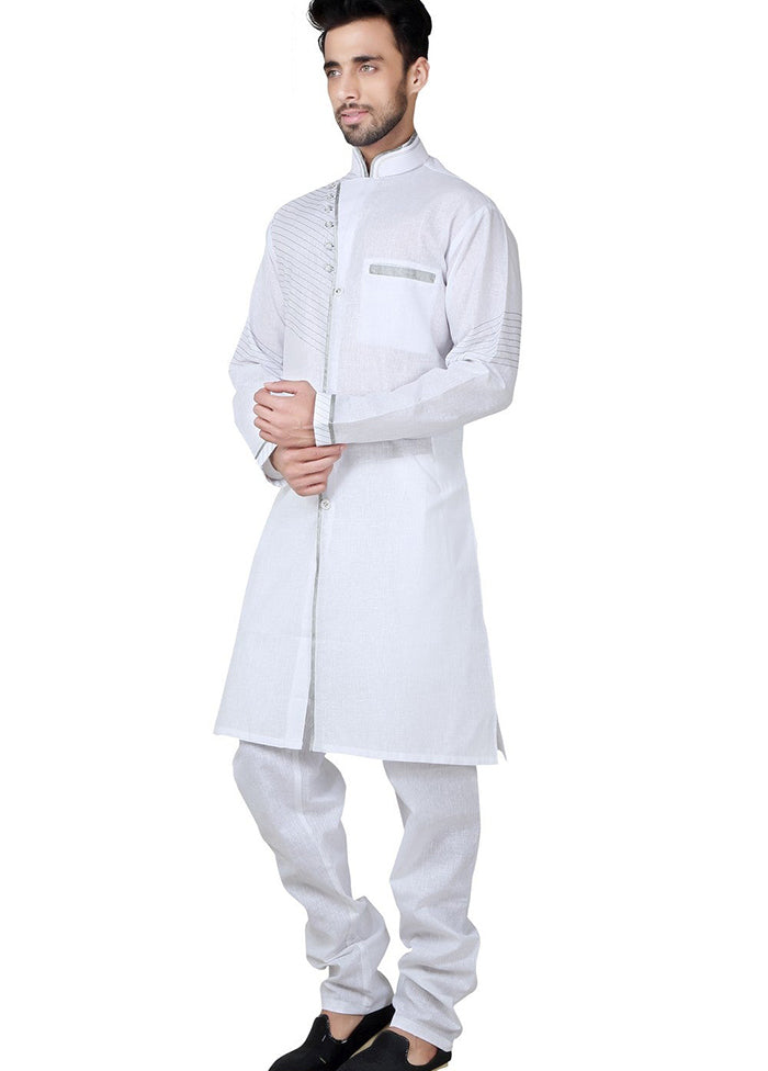 White Cotton Blend Kurta And Pajama Set VDSF1802367 - Indian Silk House Agencies