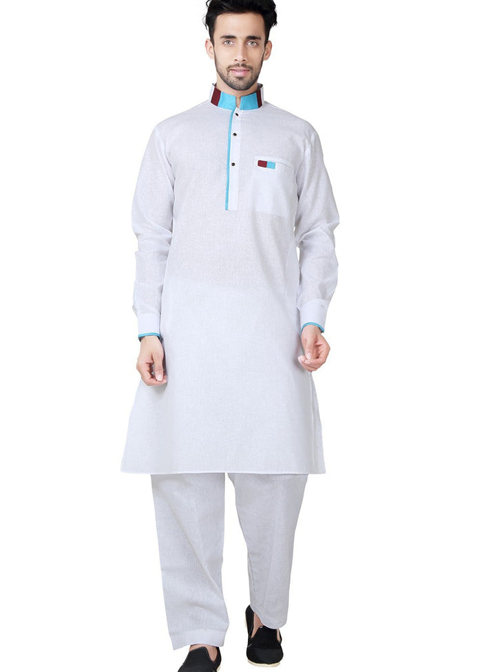 White Cotton Blend Kurta And Pajama Set VDSF1802369 - Indian Silk House Agencies