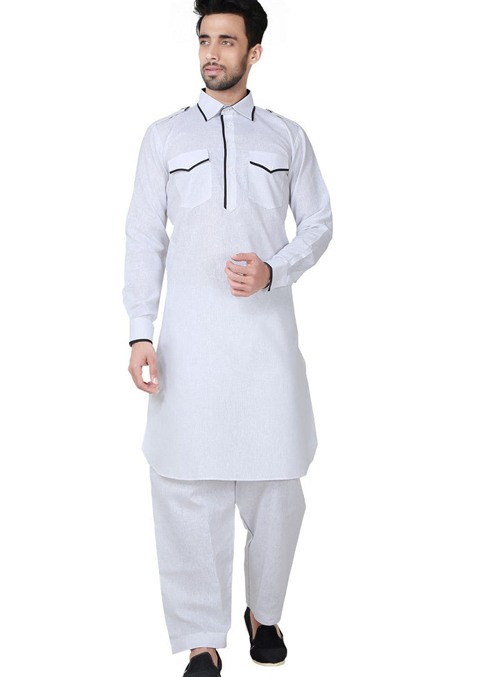 White Cotton Blend Kurta And Pajama Set VDSF1802370 - Indian Silk House Agencies