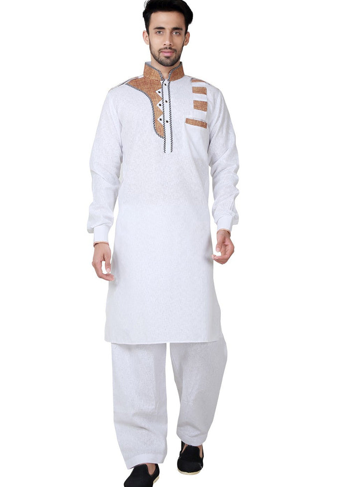 White Cotton Blend Kurta And Pajama Set VDSF1802372 - Indian Silk House Agencies