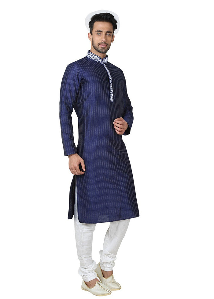 Navy Blue Silk Kurta And Pajama Set VDSF1802388 - Indian Silk House Agencies