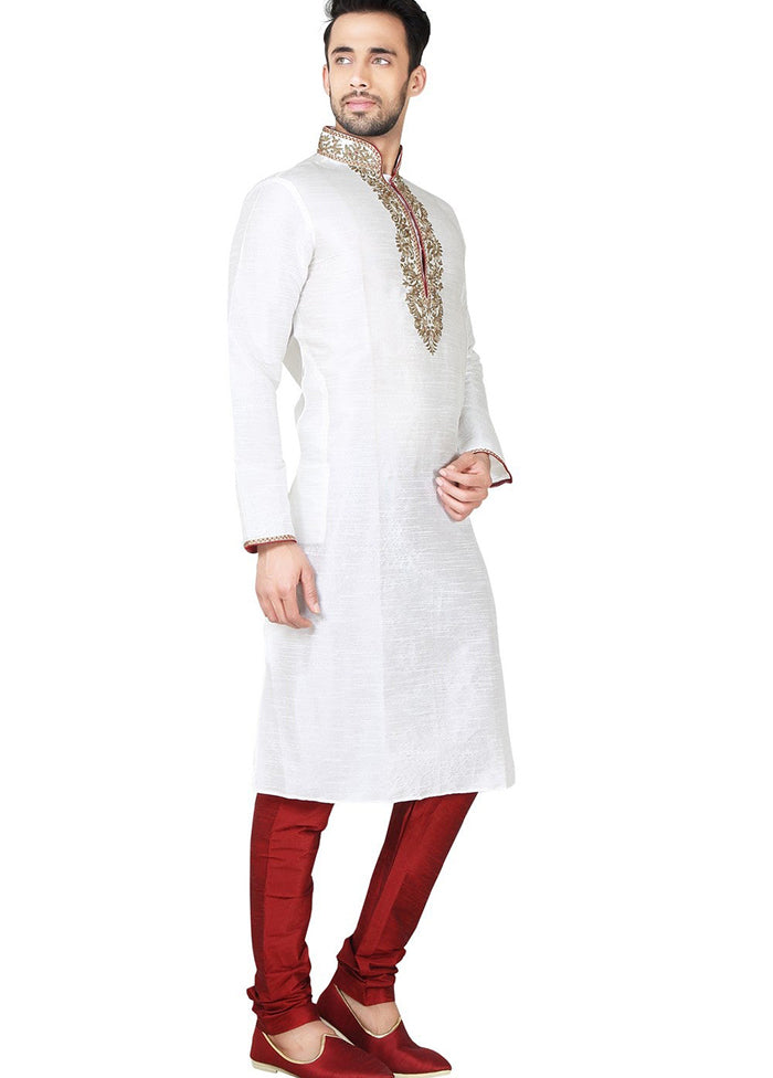 White Silk Kurta And Pajama Set VDSF1802390 - Indian Silk House Agencies