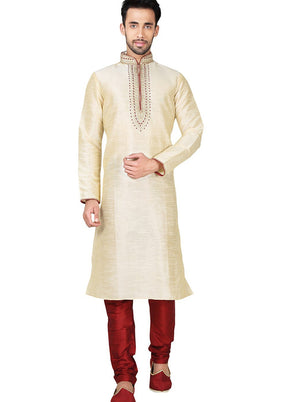 Cream Silk Kurta And Pajama Set VDSF1802391 - Indian Silk House Agencies