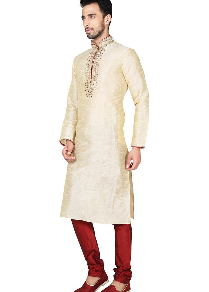 Cream Silk Kurta And Pajama Set VDSF1802391 - Indian Silk House Agencies