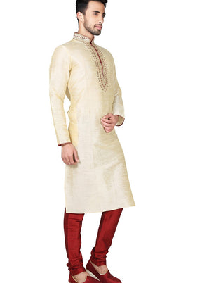 Cream Silk Kurta And Pajama Set VDSF1802391 - Indian Silk House Agencies