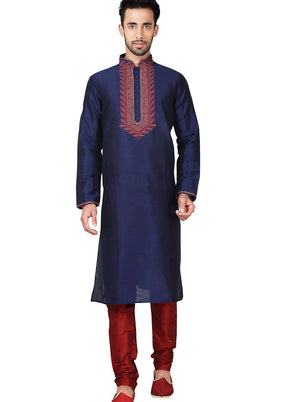 Navy Blue Silk Kurta And Pajama Set VDSF1802392 - Indian Silk House Agencies