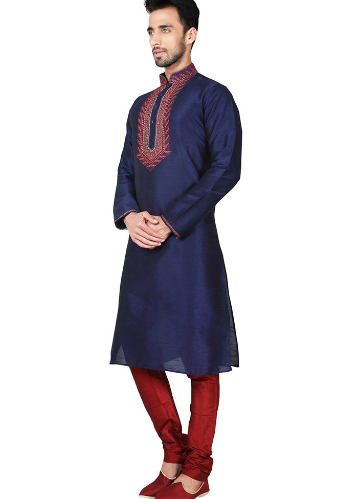 Navy Blue Silk Kurta And Pajama Set VDSF1802392 - Indian Silk House Agencies