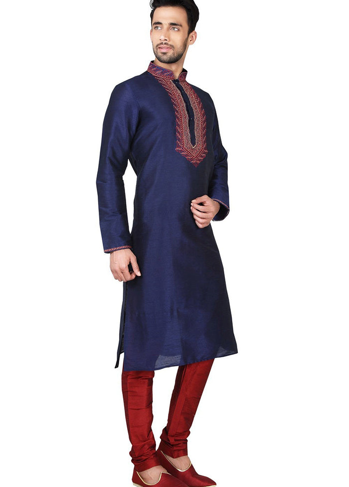 Navy Blue Silk Kurta And Pajama Set VDSF1802392 - Indian Silk House Agencies