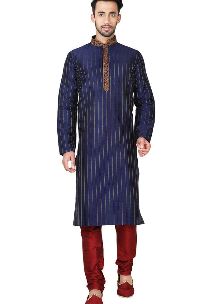 Navy Blue Silk Kurta And Pajama Set VDSF1802394 - Indian Silk House Agencies