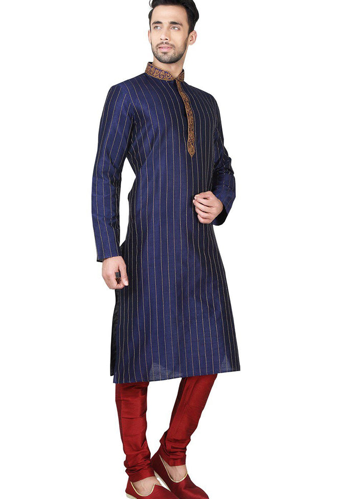 Navy Blue Silk Kurta And Pajama Set VDSF1802394 - Indian Silk House Agencies