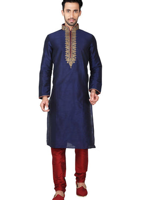 Navy Blue Silk Kurta And Pajama Set VDSF1802397 - Indian Silk House Agencies