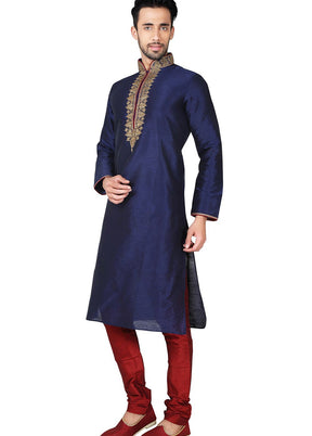 Navy Blue Silk Kurta And Pajama Set VDSF1802397 - Indian Silk House Agencies