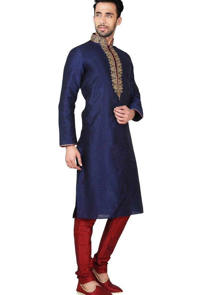 Navy Blue Silk Kurta And Pajama Set VDSF1802397 - Indian Silk House Agencies