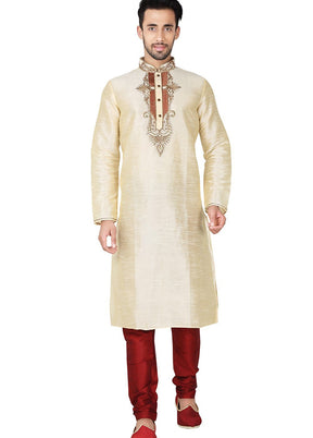 Cream Silk Kurta And Pajama Set VDSF1802398 - Indian Silk House Agencies