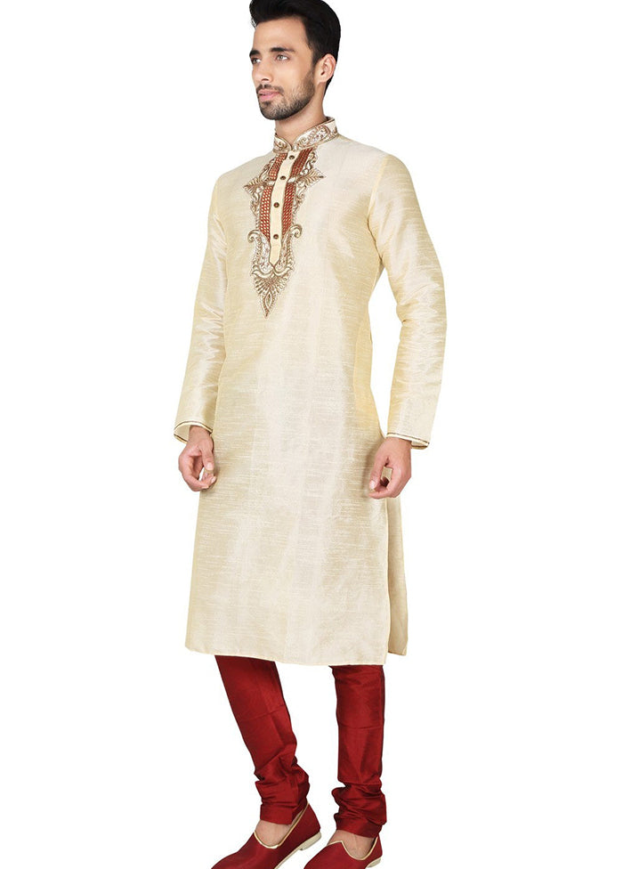 Cream Silk Kurta And Pajama Set VDSF1802398 - Indian Silk House Agencies