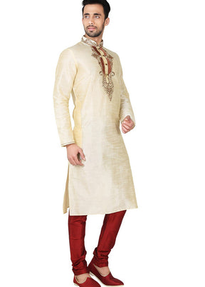 Cream Silk Kurta And Pajama Set VDSF1802398 - Indian Silk House Agencies