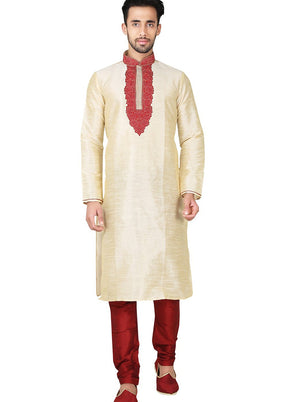 Cream Silk Kurta And Pajama Set VDSF1802400 - Indian Silk House Agencies