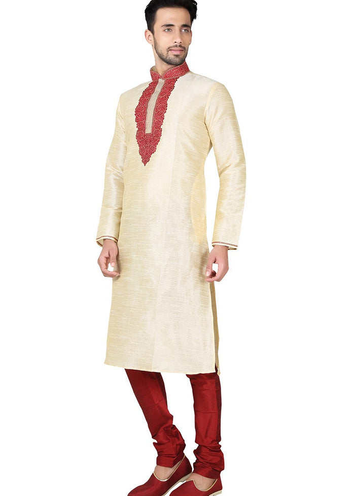 Cream Silk Kurta And Pajama Set VDSF1802400 - Indian Silk House Agencies