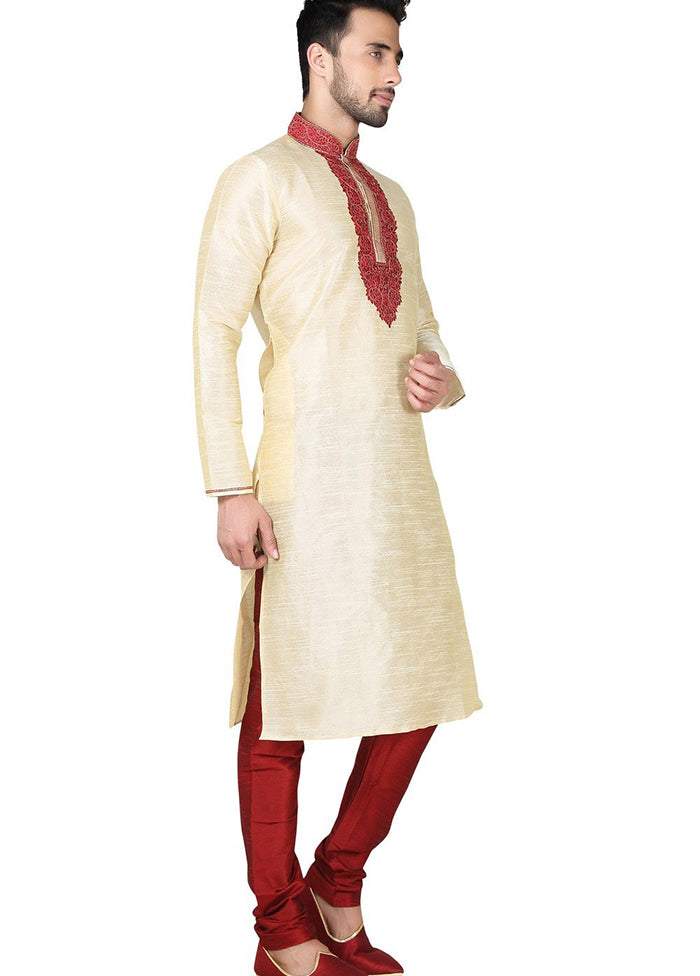 Cream Silk Kurta And Pajama Set VDSF1802400 - Indian Silk House Agencies