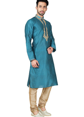 Green Silk Kurta And Pajama Set VDSF1802404 - Indian Silk House Agencies