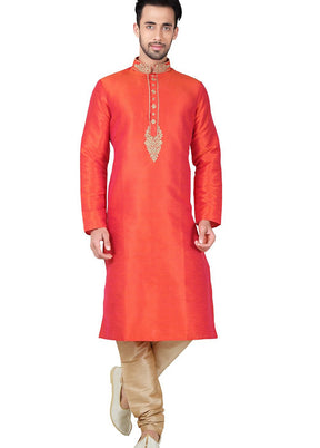 Orange Silk Kurta And Pajama Set VDSF1802408 - Indian Silk House Agencies