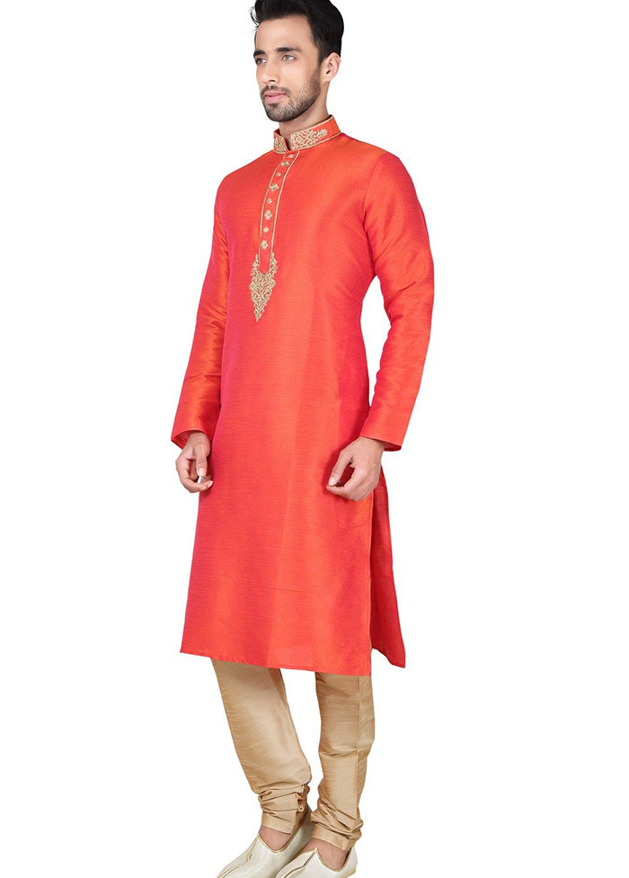 Orange Silk Kurta And Pajama Set VDSF1802408 - Indian Silk House Agencies