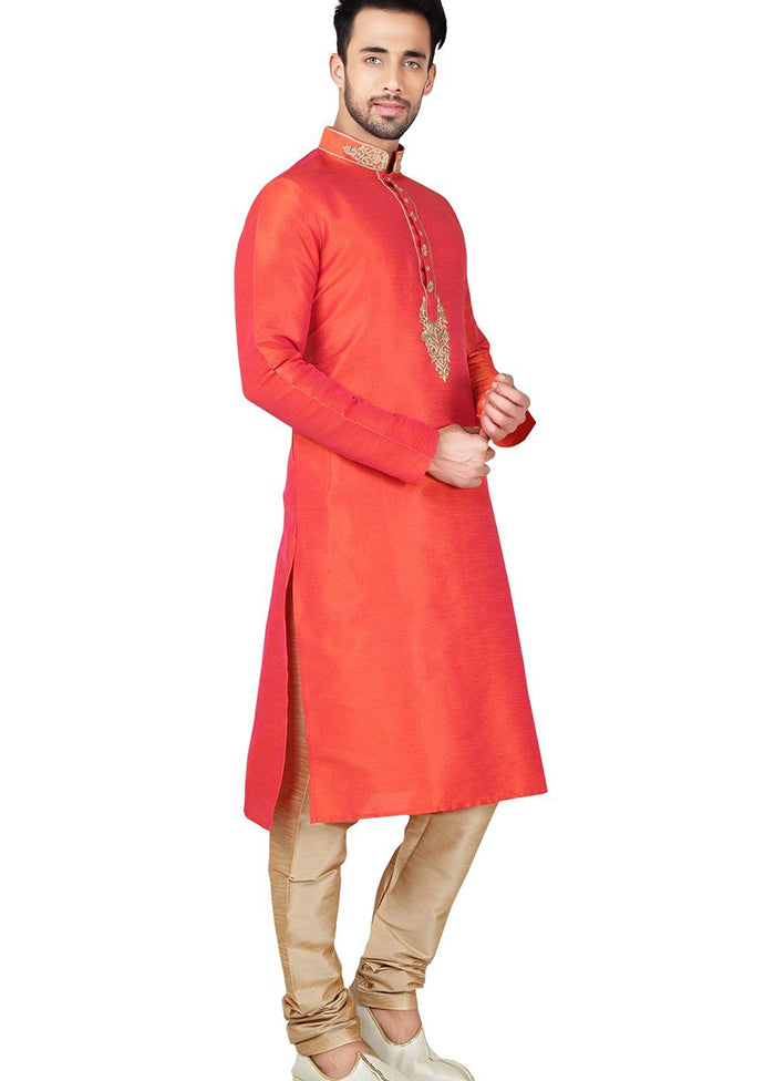 Orange Silk Kurta And Pajama Set VDSF1802408 - Indian Silk House Agencies