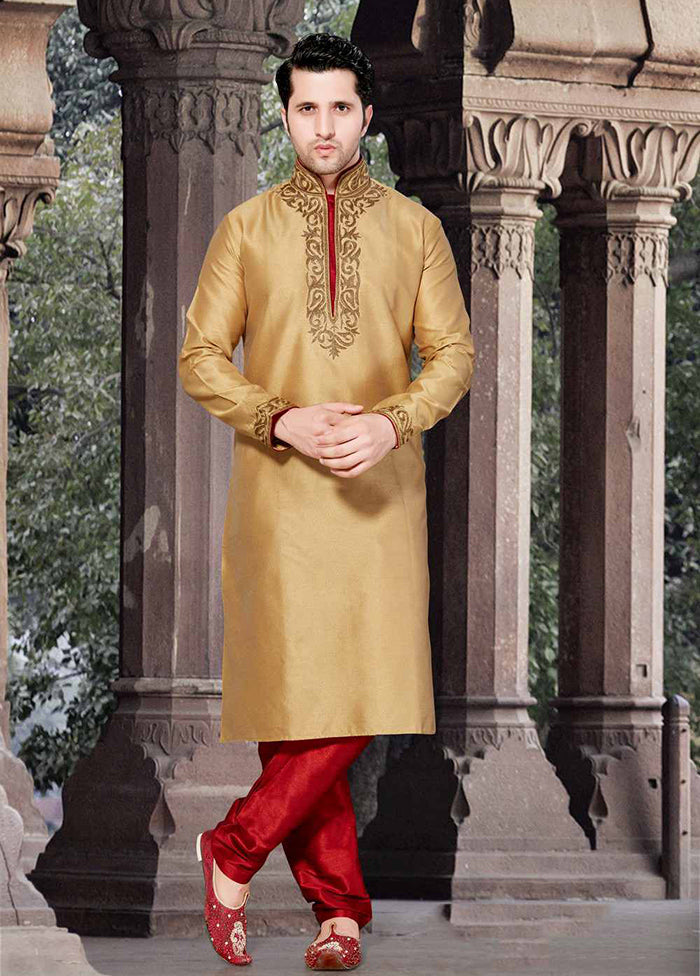 Gold Silk Kurta And Pajama Set VDSF1802410 - Indian Silk House Agencies