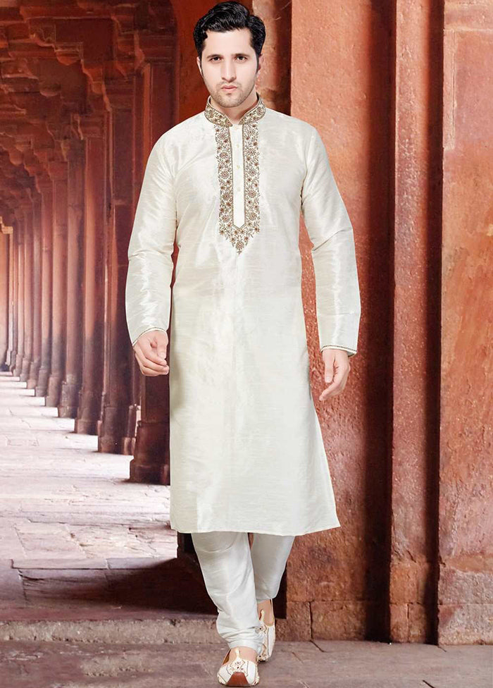 Cream Silk Kurta And Pajama Set VDSF1802412 - Indian Silk House Agencies