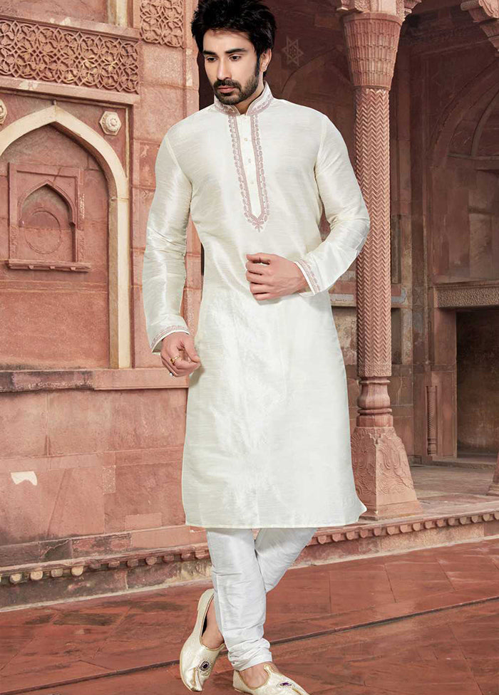 Cream Silk Kurta And Pajama Set VDSF1802415 - Indian Silk House Agencies