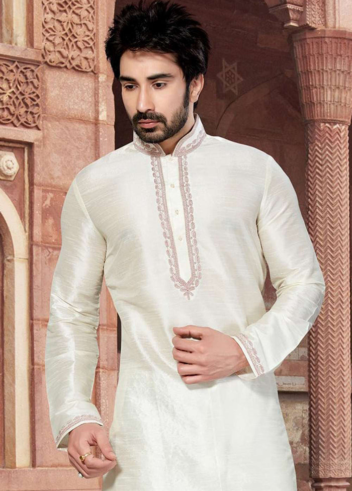 Cream Silk Kurta And Pajama Set VDSF1802415 - Indian Silk House Agencies