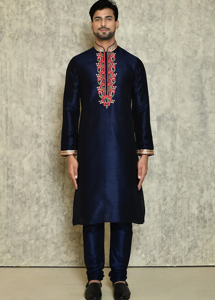 Navy Blue Silk Kurta And Pajama Set VDSF1802437 - Indian Silk House Agencies