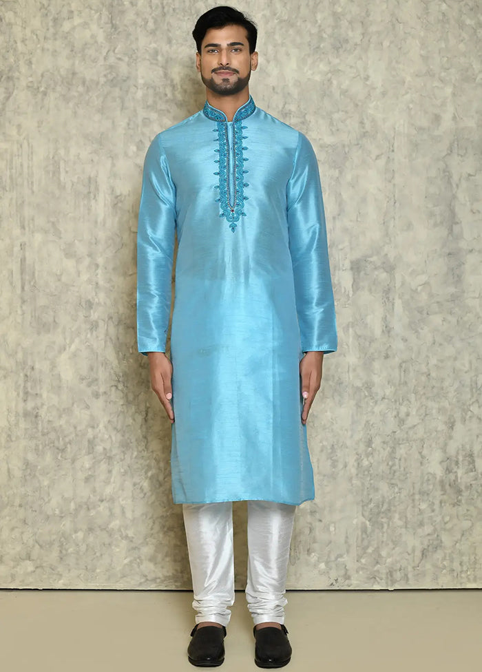 Sky Blue Silk Kurta And Pajama Set VDSF1802438 - Indian Silk House Agencies