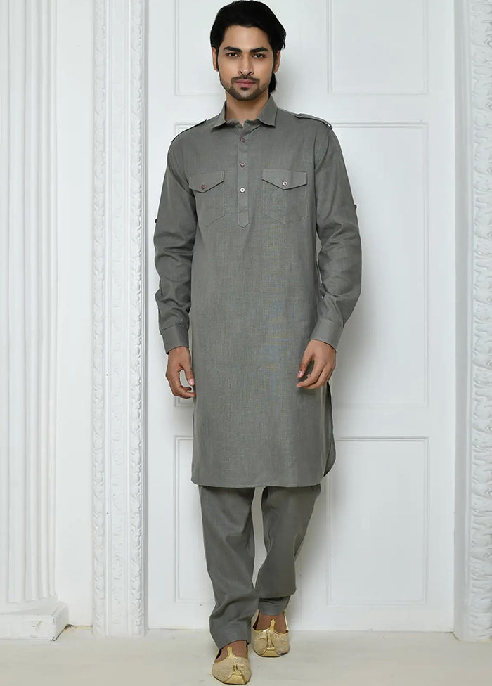 Grey Cotton Blend Kurta And Pajama Set VDSF1802490 - Indian Silk House Agencies