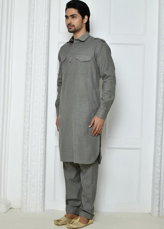 Grey Cotton Blend Kurta And Pajama Set VDSF1802490 - Indian Silk House Agencies