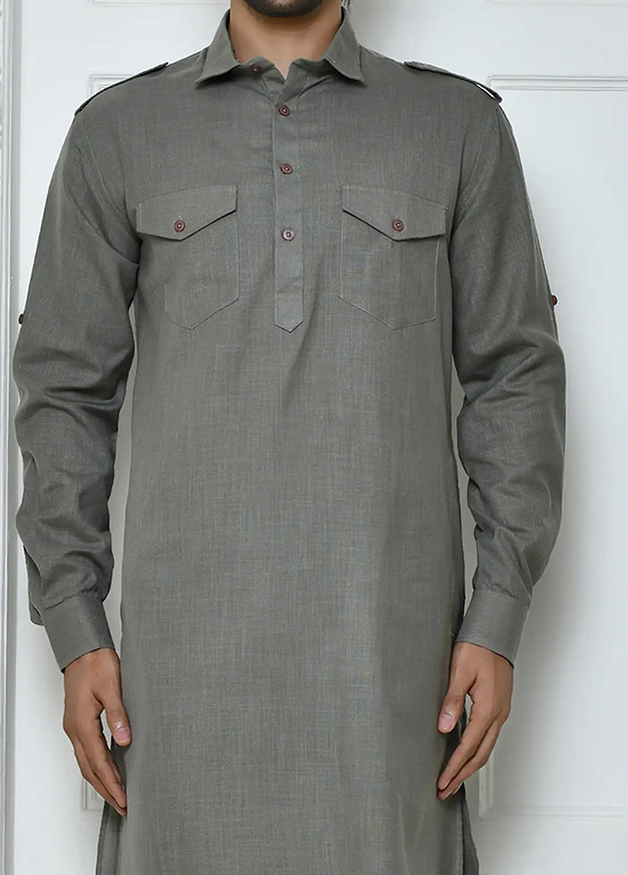 Grey Cotton Blend Kurta And Pajama Set VDSF1802490