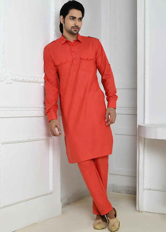 Orange Cotton Blend Kurta And Pajama Set VDSF1802506 - Indian Silk House Agencies