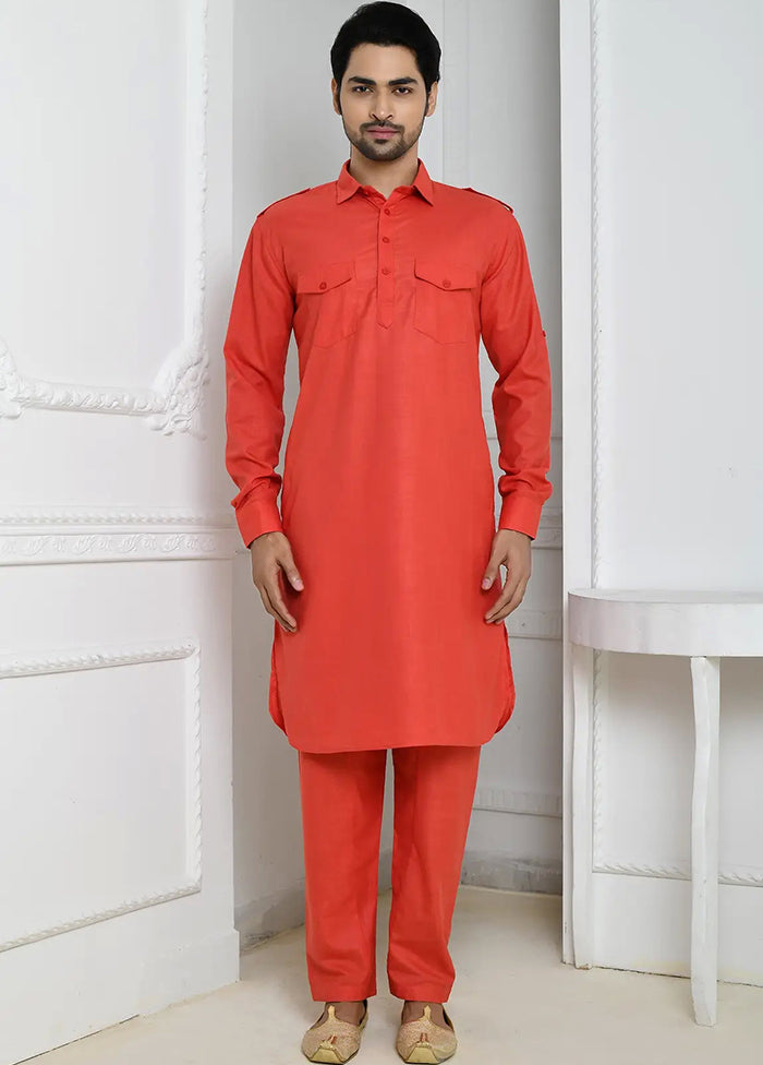 Orange Cotton Blend Kurta And Pajama Set VDSF1802506 - Indian Silk House Agencies