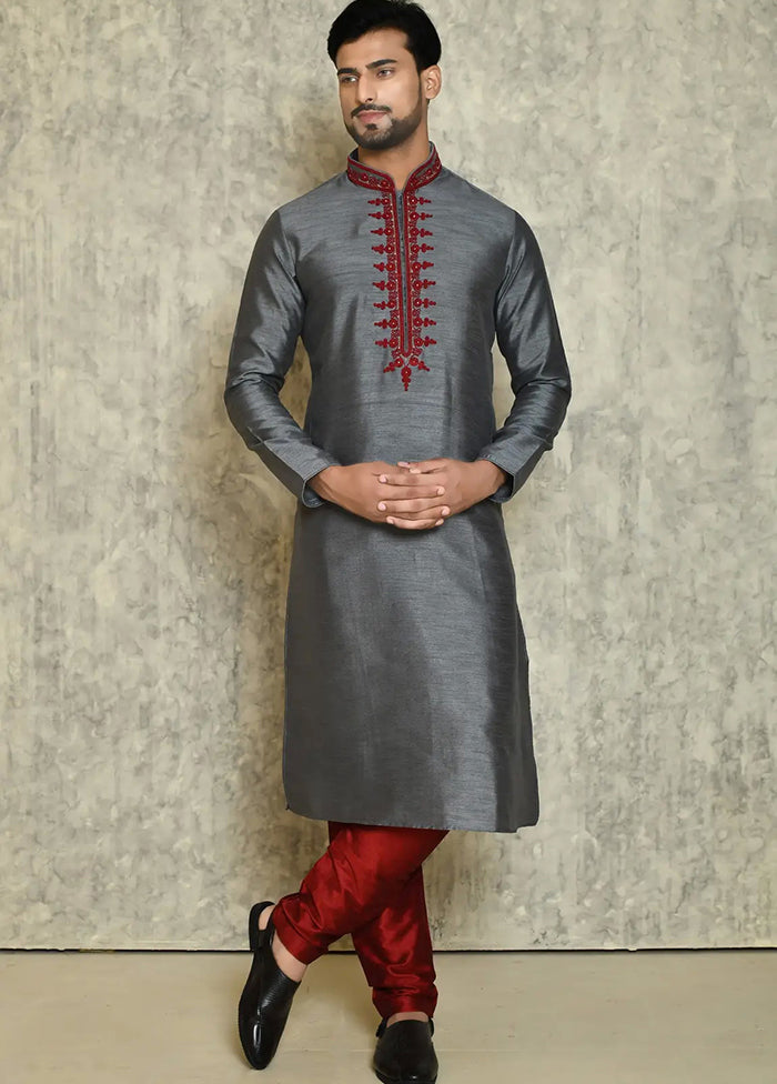 Dark Grey Silk Kurta And Pajama Set VDSF1802526 - Indian Silk House Agencies