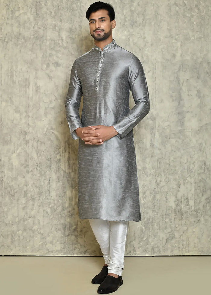 Grey Silk Kurta And Pajama Set VDSF1802527 - Indian Silk House Agencies