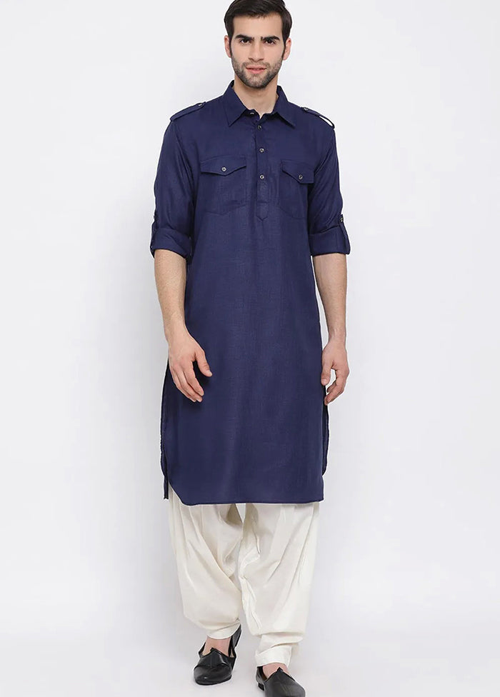 Navy Blue Cotton Blend Kurta And Pajama Set VDSF1802565 - Indian Silk House Agencies