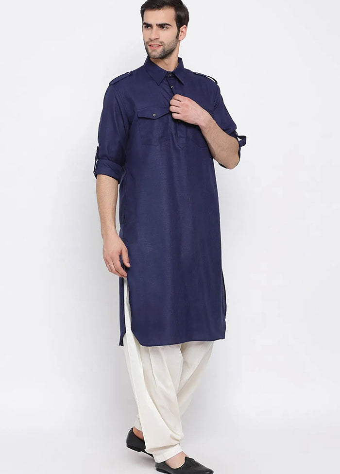 Navy Blue Cotton Blend Kurta And Pajama Set VDSF1802565 - Indian Silk House Agencies