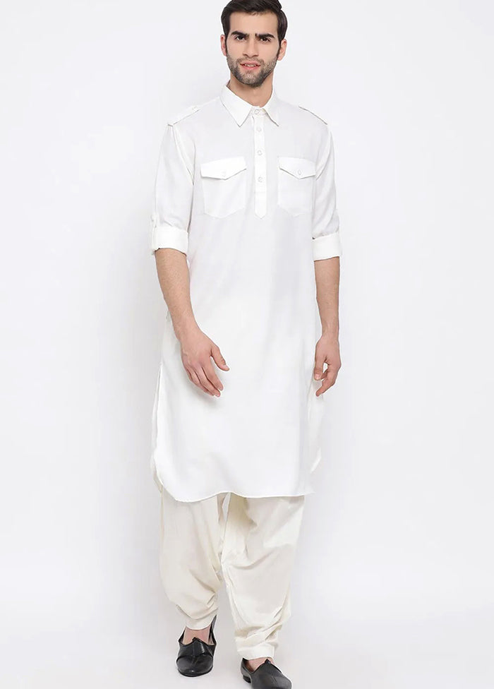 White Cotton Blend Kurta And Pajama Set VDSF1802566 - Indian Silk House Agencies