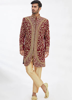 Maroon Cotton Blend Kurta And Pajama Set VDSF1802290 - Indian Silk House Agencies