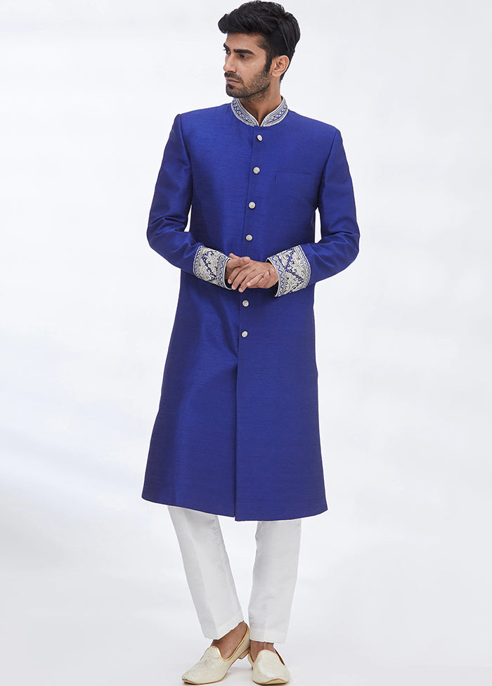 Blue Silk Kurta And Pajama Set VDSF1802292 - Indian Silk House Agencies